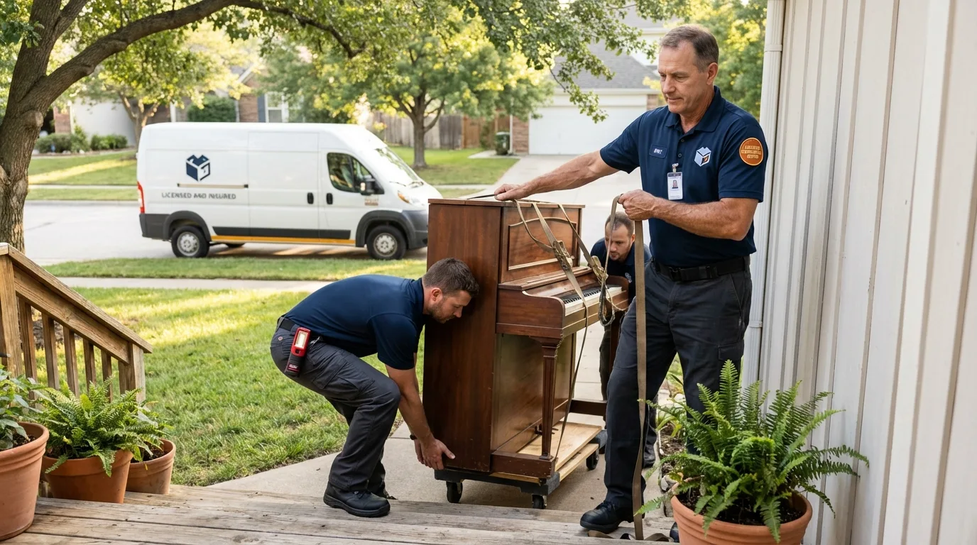 Licensed piano movers securing grand piano in Baudette, MN