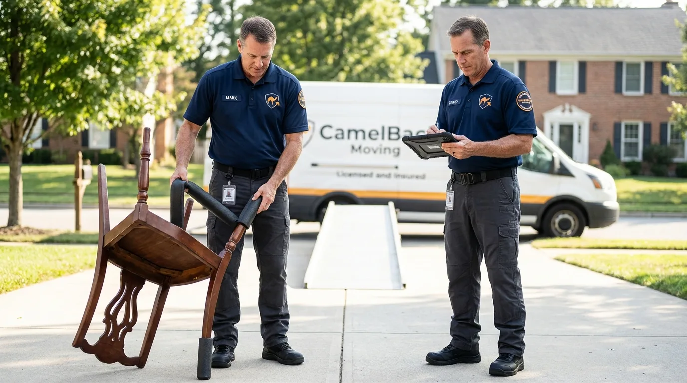 Movers inspecting furniture for damage prevention before loading in Baudette, MN