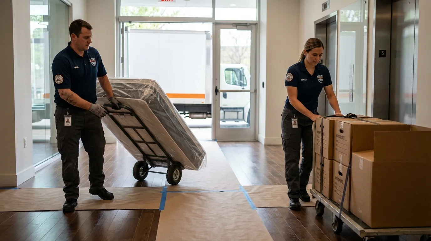 Professional apartment movers loading elevator in Baudette, MN