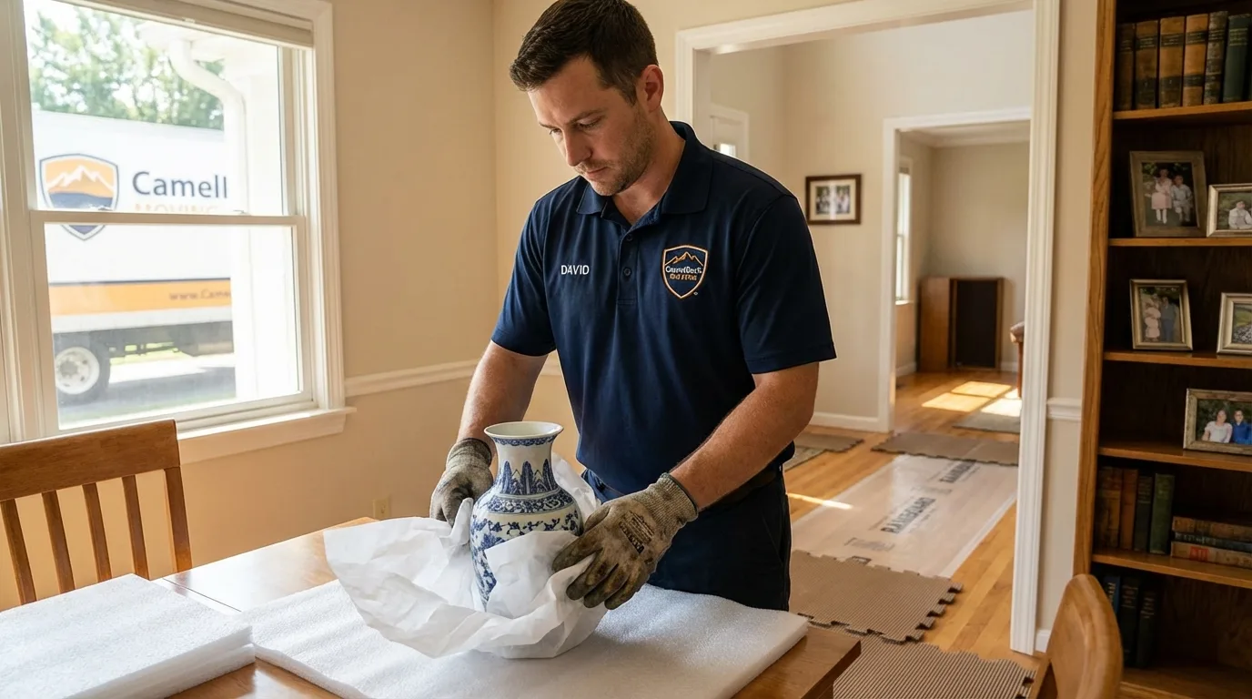 Professional crew carefully wrapping antique vase for senior downsizing move in Baudette, MN